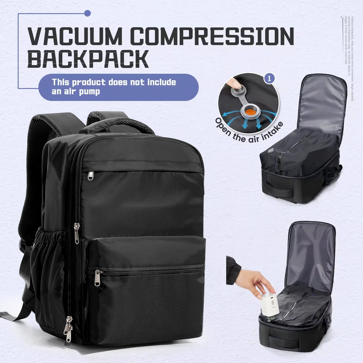 Carrow vacuum compression travel backpack with pump